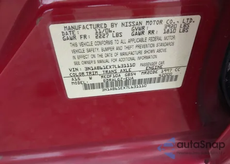 2007 Nissan Sentra 2.0Sl из США, поврежденный, VIN 3N1AB61EX7L631110